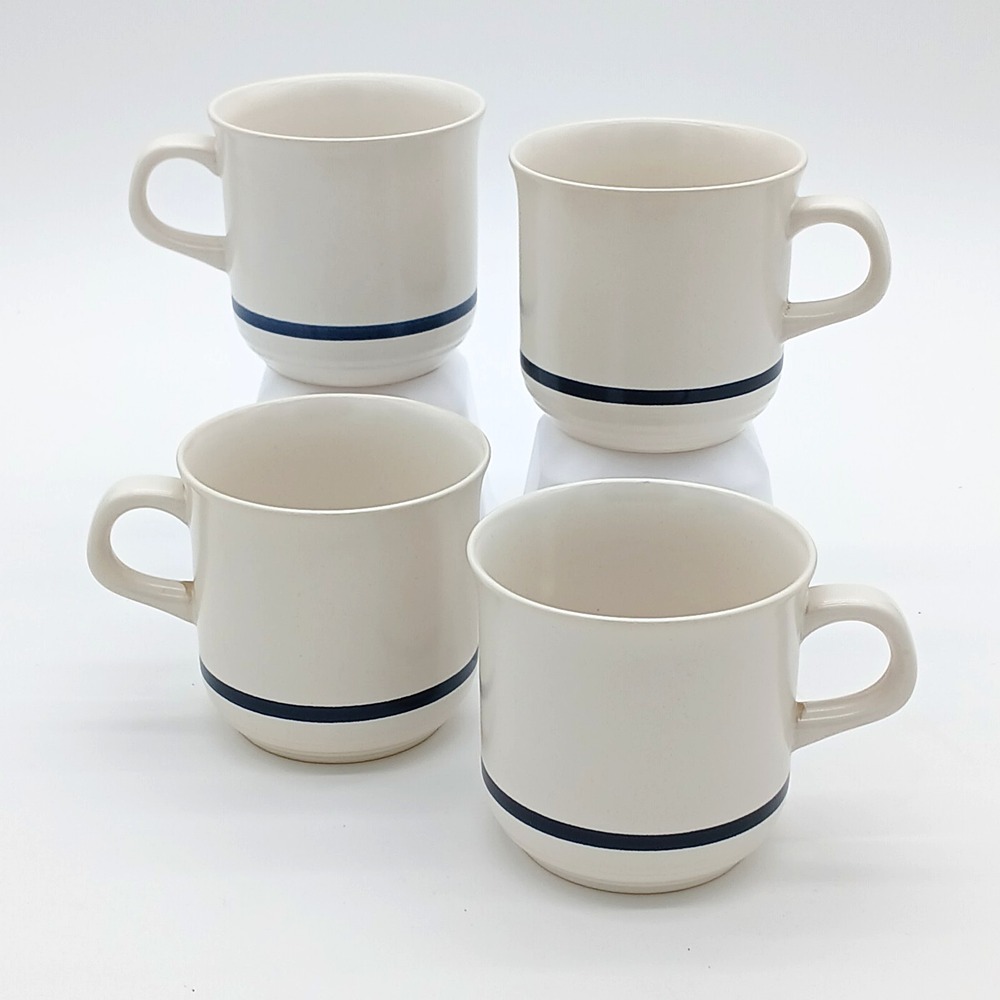 Set of 4 Town & Country Stoneware Coffee Mug, Blue Ring Pattern, Japan, Used/EUC